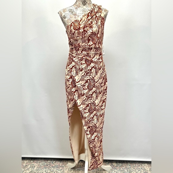 ALEXIA ADMOR Brown and cream ALESSI palm print one shoulder midi dress size 2 - Picture 4 of 16